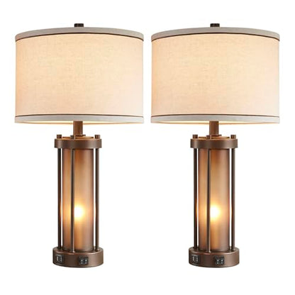 Set of 2 Farmhouse Table Lamps for Living Room with 2 USB Charging Ports - color: Brown