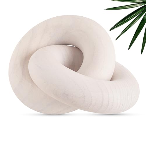 Boho Wooden 2 Chain Links Decorative Object for Coffee Table & Shelf Matte Finish | Pine Wood Knot Sculpture | Rustic Modern Arch Décor for Living Room, Entryway, Console,Office Home (White)