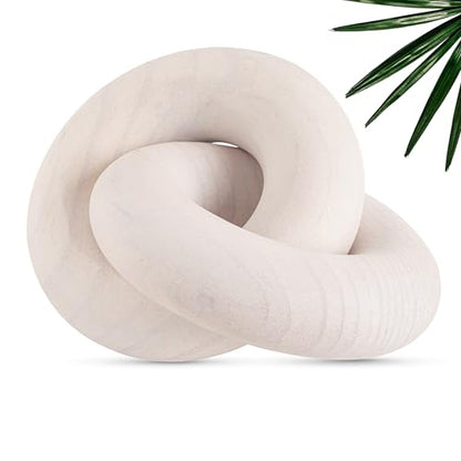 Boho Wooden 2 Chain Links Decorative Object for Coffee Table & Shelf Matte Finish | Pine Wood Knot Sculpture | Rustic Modern Arch Décor for Living Room, Entryway, Console,Office Home (White)