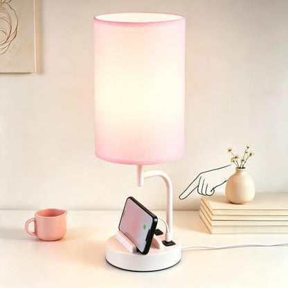 Dreamholder Touch Control USB Table Lamp with USB C/A & AC Outlet, 3-Way Dimmable Bedside Lamp, Modern Nightstand Lamps for Bedroom Living Room Guest Room Office, Bulb Included, White Pink - color: White Pink