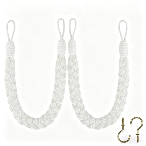 Home Queen Hand Braided Curtain Tieback, Buckle Holdback Drapery Curtain Tie Back, 2 Rope Cotton Belt Curtain Tie with 2 Metal Hooks, White - color: White, size: 2PC