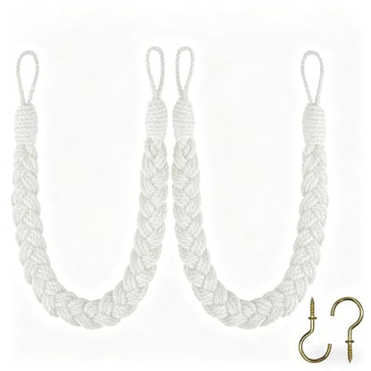Home Queen Hand Braided Curtain Tieback, Buckle Holdback Drapery Curtain Tie Back, 2 Rope Cotton Belt Curtain Tie with 2 Metal Hooks, White - color: White, size: 2PC