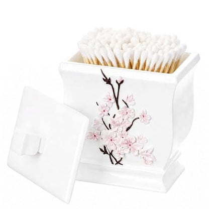 Creative Scents Vanda Qtip Holder - Cherry Blossom White Cotton Swab Balls Holder with Lid Decorative Resin Q-tip Holder Bathroom Canisters Vanity Countertop Storage - style: Cotton Ball Holder