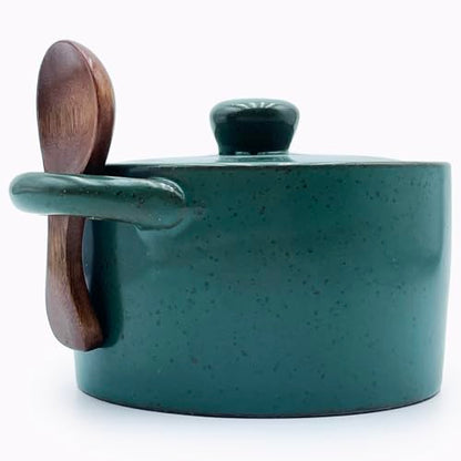 12 oz Ceramic Salt Cellar with Lid & Wooden Spoon,Countertop Salt Container,Sugar Bowl,Spices Jar| Artisan Kitchen Decor(Green B) - color: Green B
