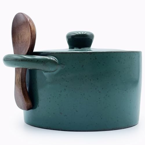 12 oz Ceramic Salt Cellar with Lid & Wooden Spoon,Countertop Salt Container,Sugar Bowl,Spices Jar| Artisan Kitchen Decor(Green B) - color: Green B