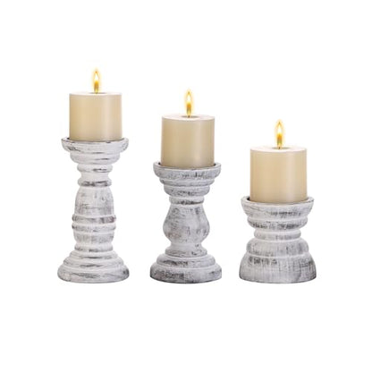 Rustic Wooden Pillar Candle Holders Set of 3 in Distressed White, Florence Style, Farmhouse Wooden Candle Holder, Wooden Candle Stand, Small Wooden Candlestick Holders, Living Room, Table Centerpiece - color: Rustic White