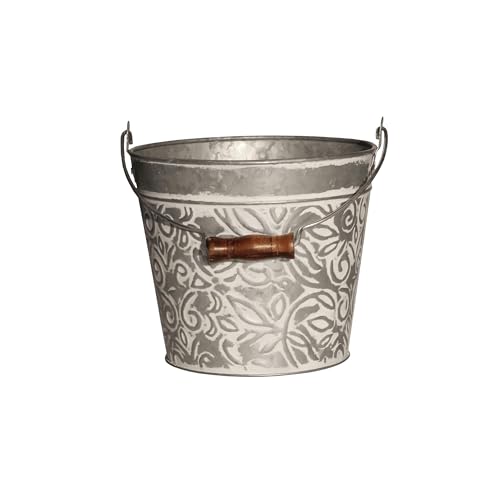Headwind Vintage Collection - Floral Galvanazied White Wash Planter with Handles – Small Galvanized Buckets & Metal Flower Pots, Decorative Bucket Planter with Drainage Hole for Indoor Plants & Outdoo - color: Galvanized W/ White Wash, size: 8"