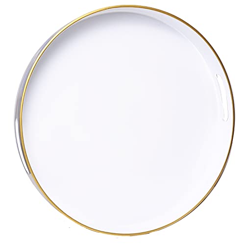 Spsyrine Round White Decorative Tray, 13" Plastic Serving Table Tray with Handles for Ottoman, Coffee Table, Bathroom, Kitchen, Living Room - color: Pure White