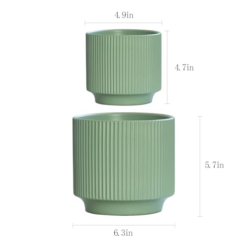 Ceramic 4.9+6.3 inch Planters, Modern Home and Office Flowerpot, Indoor and Outdoor Flowerpot with Drainage Hole (Green) - color: Green