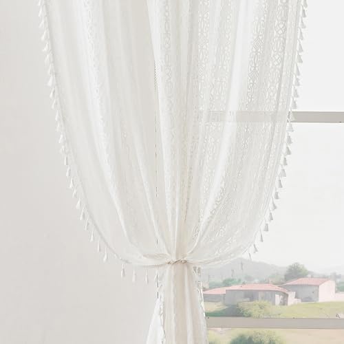 WAZZIO Boho Lace Curtains 84 inch Curtains 2 Panel,Rod Pocket Vintage Bohemian Farmhouse Crochet Cotton Geometry Privacy Sheer Curtain Drapes Farmhouse for Living Room Bedroom,Off White - color: Off White, size: 59"W x 84"L (Pack of 2)