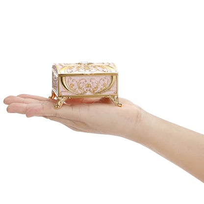 Small Jewelry Box Treasure Box Vinatge Enamel Trinket Organzier Hand Painted Jewelry Chest Case Golded Metal Jewelry Keepsake Box for Earrings Rings Gift for Christmas Wedding,Beige - style: Treasure Chest Style