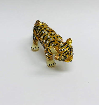 14k Gold Plated Pewter Tiger Trinket Box, Gold Plated Pewter with Austrian Crystals, Hand-Enameled Interior, Small Decorative Keepsake Small Jewelry First Tooth