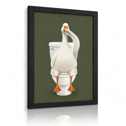 Framed Funny Duck Bathroom We Wall Art Prank Green Goose Decor Print - color: bathroom-3, size: 12×16in