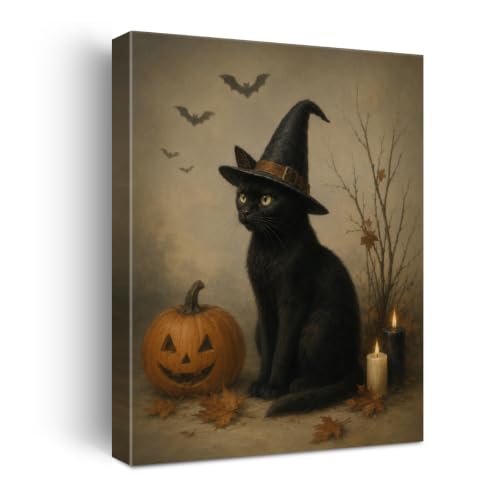 Halloween Wall Art Decor Black Cat Witch Pumpkin Canvas Print Framed - color: C