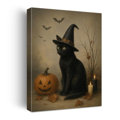 Halloween Wall Art Decor Black Cat Witch Pumpkin Canvas Print Framed - color: C