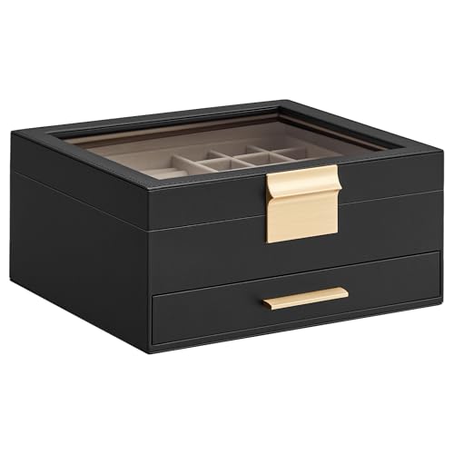 SONGMICS Jewelry Box Organizer, 2-Layer Storage with 1 Drawers, Glass Lid - color: Ink Black + Gold, size: 2 Layer (8"d X 9.1"w)