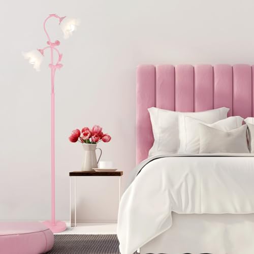 HMVPL Pink Flower Floor Lamp, Floral Standing Lamp with 2 LED 5W Blubs, Foot Switch, Modern Corner Tall Lamp with Acrylic Shade, Girls Cute Floor Lamp for Living Room Bedroom Office Kids Reading - color: Pink