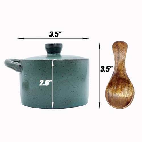 8 oz Ceramic Salt Cellar with Lid & Wooden Spoon,Countertop Salt Container,Sugar Bowl,Spices Jar| Artisan Kitchen Decor(Green) - color: Green A
