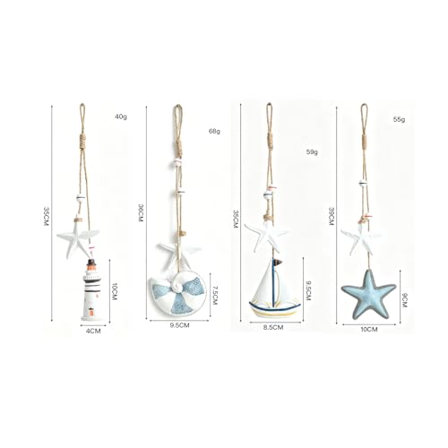 4Pcs Wooden Seashells/Star/Ships/Lighthouse Wall Hanging Decor, Farmhouse Rustic Coastal Themed Decorations for Home, Beach Wall Sign Nautical Decor for Bedroom, Living Room