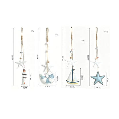4Pcs Wooden Seashells/Star/Ships/Lighthouse Wall Hanging Decor, Farmhouse Rustic Coastal Themed Decorations for Home, Beach Wall Sign Nautical Decor for Bedroom, Living Room