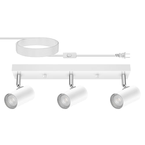 AUQUEE 3 Light Track Lighting Kit,White 3 Way Flexible Plug in Ceiling Spotlight,Industrial LED Wall Light for Kitchen Cabinet Gallery Bar Hallway Living Room,Rocker Switch,15 ft Cord(No Bulb) | Track Light Fixtures Ceiling,Plug in Wall Lights with Cord,