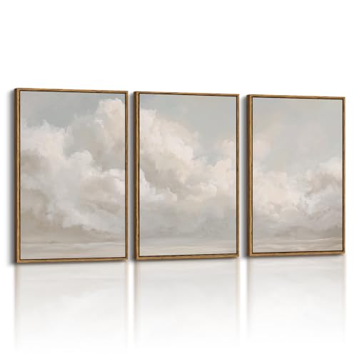 InSimSea Oversized Vintage Landscape Art, Cloud Picture, 3Pcs,16x24in | Framed Canvas Artwork, Beige White, Rustic Nature Decor, Bedroom Above of Bed Living Room Hallway - color: Abstract Cloud Sky