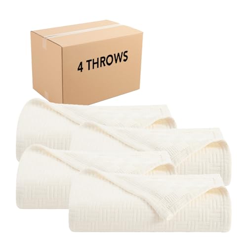 Arkwright Basket Weave Throw Blanket - Case of 4-100% Ringspun Cotton All Season Throws, Luxury Hotel Quality, Soft on Skin, Breathable, 300 GSM for Bed, Sofa, and Chair, 50 X 70 in, Ivory - color: Egret Creamy Beige, size: Throw (50x70) Case of 4