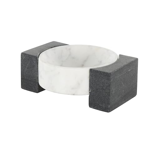 Deco 79 Marble Geometric Living Room Decor Tray Round Ottoman Tray with Black Rectangular Blocks, Serving Tray 8" x 6" x 3", White - size: 8.1"