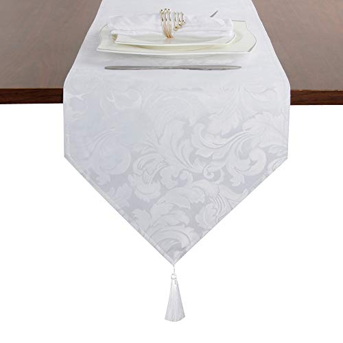 EHouseHome Jacquard Damask Reversible White Table Runners with Tassels 13 x 72 inch Wrinkle and Water Resistant Spill-Proof Decorative Dining and Wedding Runners - color: White With Tassels