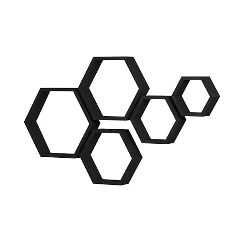 WONFUlity Hexagon Floating Shelves, Hexagonal Shelf Wall Mounted Storage - color: Black, size: 5PC