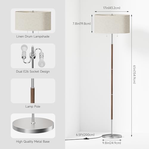 2-Light 3 Color Temperature Mid Century Floor Lamp for Living Room - color: Nickel Silver & Beige