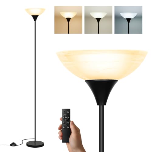 LALISU Floor Lamp, Standing Lamps with Glass Shade, Led Floor Lamp Remote - color: Black and Glass