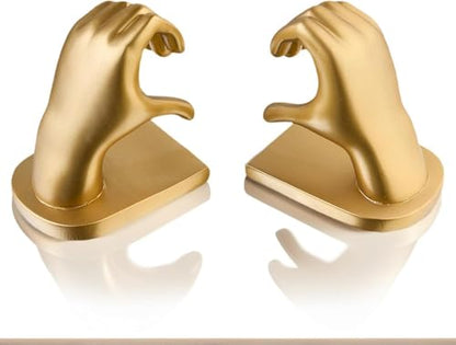 2Pcs Gold Heart Hands Book Ends, Non-Slip Heavy Duty Bookends for Shelves