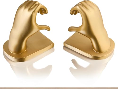 2Pcs Gold Heart Hands Book Ends, Non-Slip Heavy Duty Bookends for Shelves