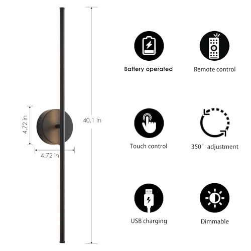 KARTOOSH Battery Operated Wall Sconces Set of Two Wireless Wall Lights - color: Black, size: 40.1 Inches
