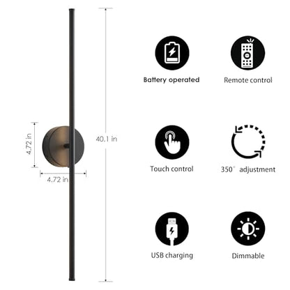 KARTOOSH Battery Operated Wall Sconces Set of Two Wireless Wall Lights - color: Black, size: 40.1 Inches