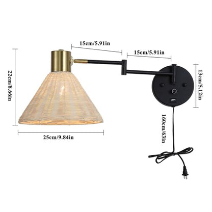 Plug in Rattan Wall Sconce Swing Arm Wall Lamp, Black - color: Black+Rattan Shade