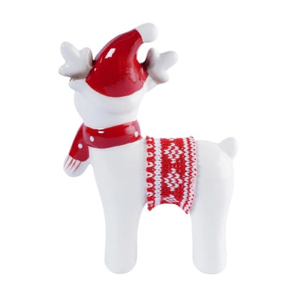 Christmas Decor Reindeer Deer Decor Ceramic Figurine White Glazed Deer Figurine with Santa Hat Scarf Knit Blanket for Tabletop Mantel Shelf Christmas Decorations Indoor