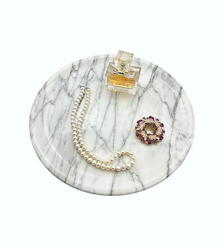 Marmor Natural Calacatta Marble Tray, Luxury Vanity Tray for Bathroom Counter, Perfume Organizer, Jewelry Tray, Candle Holder Decor, Kitchen Countertop Organizer, Elegant Home Decorative Tray Gift - color: Statuario White Borderless Round Plate