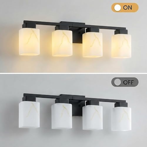 4-Light Square Bathroom Light Fixture, Black Modern Vanity Light with White Marble Glass Shade, for Bathroom Mirror, Living Room, Bedroom, Hallway, E26 Base - color: Matte Black, size: 4-Light