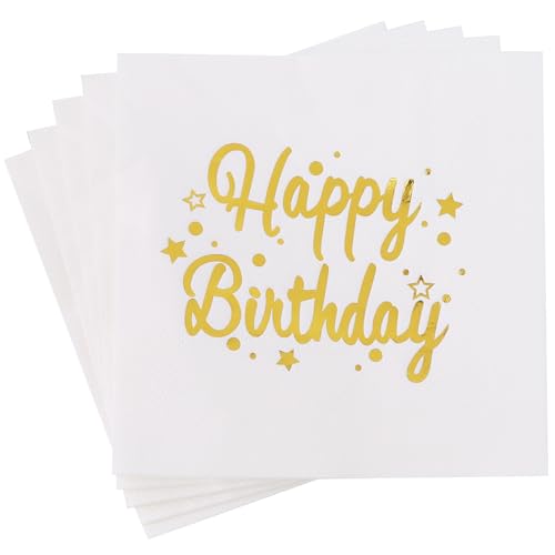 Vuzvuv 52 Pack Happy Birthday Cocktail Napkins Cursive Design - Birthday Party Dinner Hand Napkin with Gold Stampin for Party Supplies Decorations Table Decor(5" Folded 3 Ply- White) - color: Handwrite White