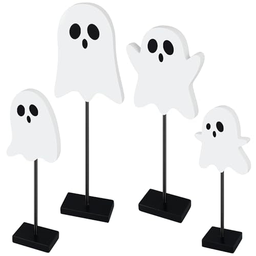Halloween Standing Table Decor Ghost Wooden Signs Halloween Tiered Tray Decorations Ghost Table Centerpiece Tall Block Sign for Halloween Party Home Room Decor, 4 Pcs