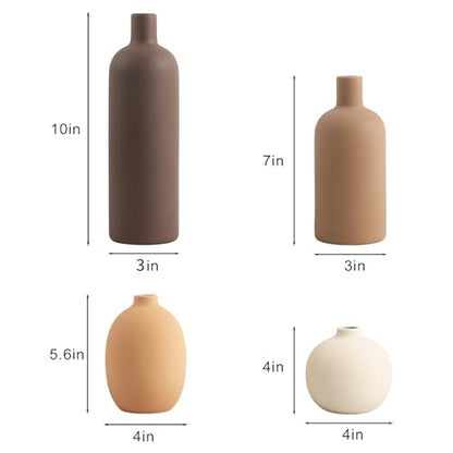 Ceramic Neutral Vase Set of 4 for Farmhouse Home Decor, Rustic Decorative Vases for Boho Living Room Centerpieces, Entryway Decorations, Coffee Table, Bookshelf, Fireplace Mantel