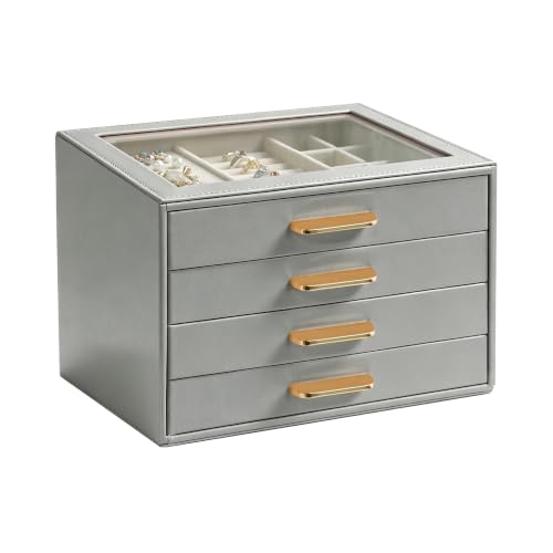 Homeanda Jewelry Boxes Organizer with Glass Lid, 4-Layer PU Leather, Grey - color: Grey, size: 4 Layer