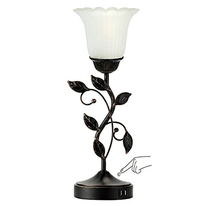 Touch Leaf Bedside Table Lamp with 2 USB Ports Nightstand Lamps - color: 1 Pack - Black + White Glass