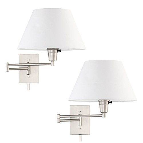 Kira Home Cambridge 15" Modern Swing Arm Wall Sconce + 3-Way Switch, 2-Pack - color: Brushed Nickel,White Shade,2-Pack