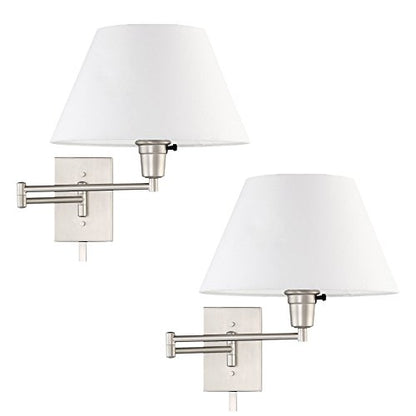 Kira Home Cambridge 15" Modern Swing Arm Wall Sconce + 3-Way Switch, 2-Pack - color: Brushed Nickel,White Shade,2-Pack
