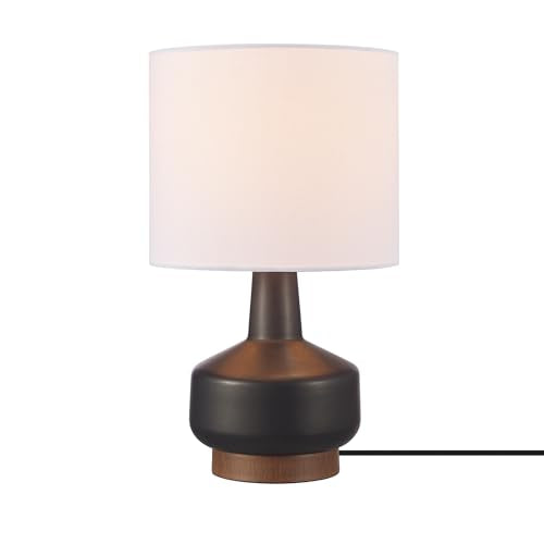 Globe Electric 15" Ceramic Table Lamp, Matte Black Base, Wood-Toned Accent, White Linen Shade, Dual Rotary Switch, Modern Bedroom or Office Lighting, 61000046 - color: Black