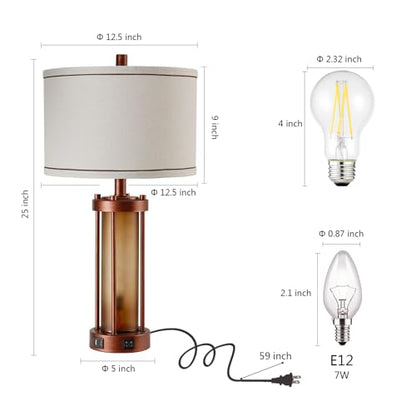 RORIA Set of 2 Farmhouse Table Lamps for Living Room with 2 USB Ports - color: Red Bronze
