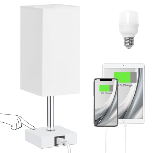 Touch Table Lamp for Bedroom - Dimmable, USB C+A, White Lamphade White Base - color: White & White